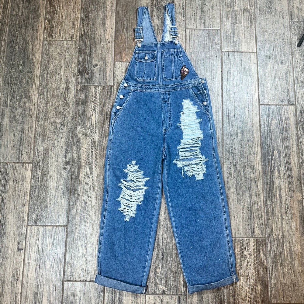 GAP Denim Overalls Womens Size S Distressed Ripped Sequins Light Wash‎